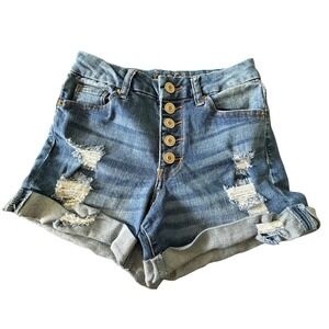 Rue21 Curvy High-Rise Mom Shorts Blue Distressed Button Fly Denim Size 4